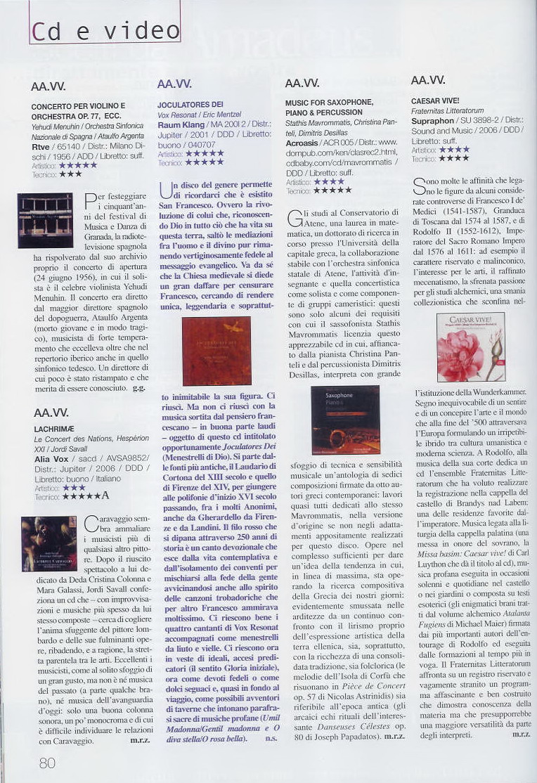 Recensione al Cd Music for Saxophone, Piano & Percussion nella rivista Amadeus di luglio 2007
