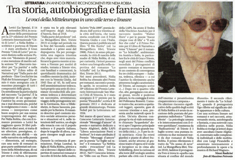 Pagina di Vita Nuova, settimanale cattolico di Trieste, con articolo di Ninni Radicini su Nidia Robba