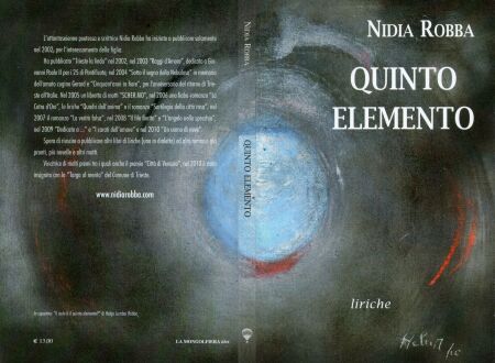 Copertina della raccolta di poesie Quinto elemento di Nidia Robba con dipinto di Helga Lumbar Robba denominato Il cielo è il quinto elemento