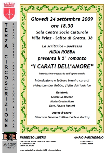 Locandina della presentazione a Trieste del romanzo di Nidia Robba I carati dell'amore