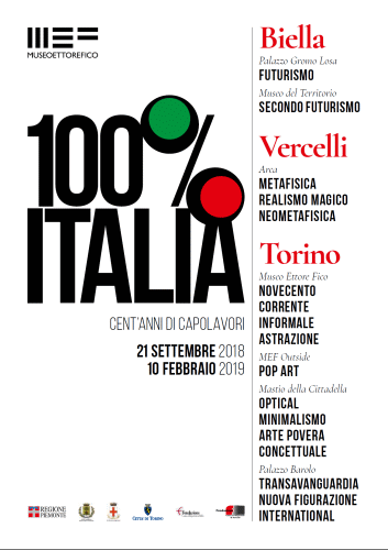 Locandina della mostra 100% Italia Cent'anni di capolavori dal Futurismo alla Metafisica alla Pop Art