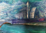 Dipinto a tecnica mista su tela di cm.30x40 denominato I ponti dove accorrono tutti i piedi stanchi realizzato da Alda Baglioni nel 2005