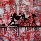 Opera di di Andrea Valleri che ritrae alcuni guerrieri come figure scure impegnati in combattimento