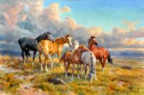 Dipinto a olio denominato Dopo la Tempesta realizzato da Sergio Budicin che rappresenta un gruppo di cavalli in un campo