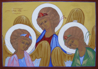 Icona in legno, bisso di lino, oro zecchino, tempera all'uovo con pigmenti antichi di cm.50x70 denominata Icona dei volti della Santa Trinit� realizzata nel 2011 da Carolina Franza con tecnica tradizionale