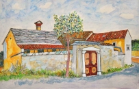 Disegno a china colorato a tempera denominato Fortilizio Carsico realizzato da Pino Ferfoglia nel 1991