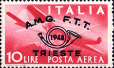Francobollo da 10 lire del 1948 relativo alla Posta aerea con indicazione Italia Trieste