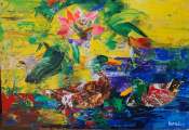 Dipinto a olio su tela di cm.70x100 denominato Due Anatre tra i Fior di Loto realizzato da Gianni Borta nel 2012