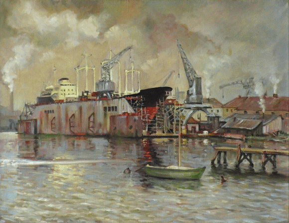 Dipinto olio su tavola di cm.50x65 denominato Cantiere a Helsinki realizzato da Guido Percacci