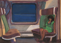Dipinto a tempera su compensato di cm.88x126 denominato Donna in treno realizzato da Lin Delija nel 1990 nella collezione Pasquale Chiuppi