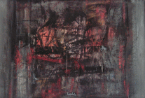 Dipinto in tecnica mista su collage su faesite di cm.40x60 denominato Ricerca interiore realizzato da Livio Zoppolato nel 2016