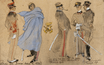Disegno su carta di cm.28.8x19 denominato Uniformi dei Pontieri 14a e 16a Compagnia IV Genio Pontieri 1916 realizzato da Loredana Riavini