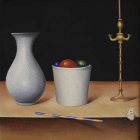 Dipinto ad olio su tavola di cm.42x42 denominato Composizione con candelabro realizzato da Lorenzo Vale nel 2015