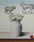 Dipinto a olio su tavola di cm.32x28 denominato Natura morta con toro e cavallo realizzato da Lorenzo Vale nel 2013