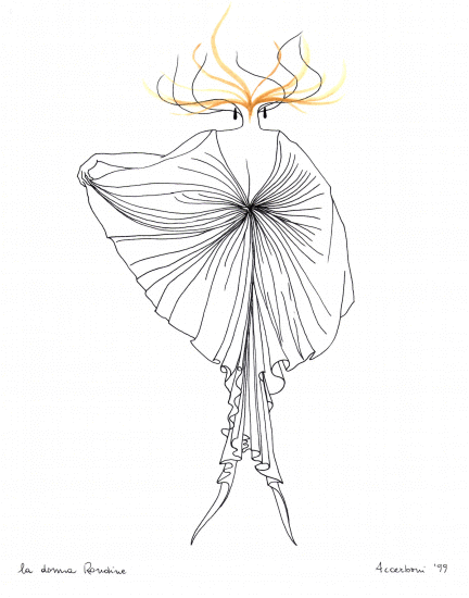 Disegno a tecnica mista di cm.30x20 realizzato nel 1999 da Marianna Accerboni denominato La donna Rondine