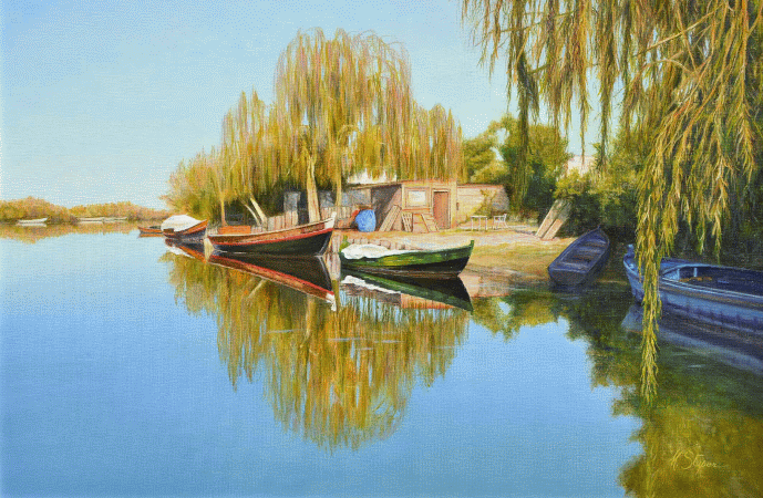 Dipinto a olio cm.50x70 realizzato nel 2017 da Marinella Stuper denominato Riflessi