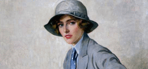 Dipinto di donna in giacca grigia, camicia, cravatta azzurra e cappello grigio
