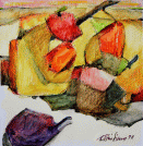 Dipinto in tecnica mista di cm.15x15 denominato Frutta con Susina realizzato da Olivia Siauss nel 1998