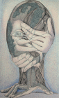 Dipinto a tecnica mista di cm.24x32 denominato Testa con mani realizzato da Patrizia Schoss nel 1978