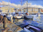 Dipinto a olio su tela di cm.30x40 denominato Barche al tramonto realizzato da Roberto Budicin nel 2014