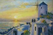 Dipinto di Maristella Laricchia che ritrae un panorama di Santorini con case, scalinata e mulino sul mare durante un tramonto