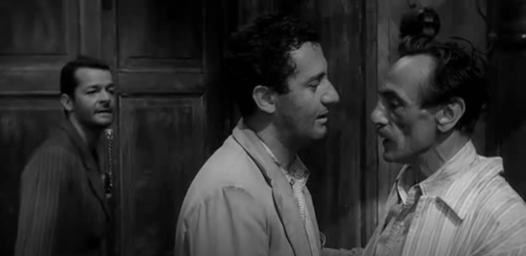 Serge Reggiani, Alberto Sordi ed Eduardo De Filippo nel film Tutti a Casa diretto da Luigi Comencini nel 1960