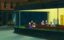 Dipinto a olio su tela di cm 60x100 denominato Al bar sotto casa realizzato da Sergio Cavallerin nel 2011