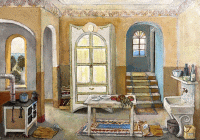 Dipinto a olio su tavola di cm 25x35 denominato Bozzetto con armadio bianco realizzato da Aldo Bressanutti