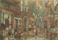 Dipinto di acquaforte colorata di cm 60x80 denominato Il Ghetto realizzato da Aldo Bressanutti nel 1978