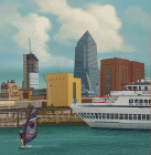 Dipinto in acrilico su tela di cm 60x60 denominato Venezia New York realizzato da Aldo Damioli nel 2022, un surfista nel mare davanti alla metropoli statunitense