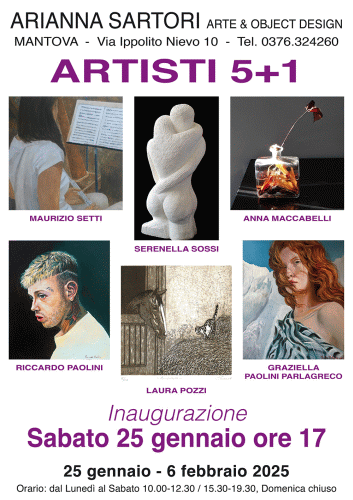 Locandina della mostra con opere di Anna Maccabelli, Graziella Paolini Parlagreco, Riccardo Paolini, Laura Pozzi, Maurizio Setti, Serenella Sossi