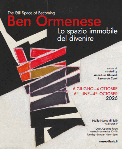 Locandina della mostra Lo spazio immobile del divenire con opere di Ben Ormenese