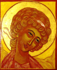 Icona di Carolina Franza denominata Un arcangelo realizzata nel 2018 in legno, lino, diaspro e radice robbia di cm.22x20