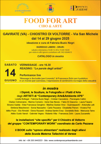 Locandina della mostra Cibo & Arte ideata e curata da Fabrizia Buzio Negri con opere degli artisti di Artisti di Contemporary Arte&Ambiente APS