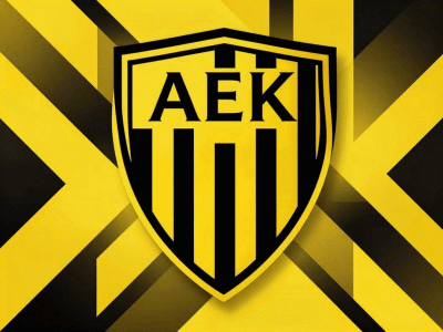 Composizione astratta e geometrica ispirata alla squadra di calcio greca dell'AEK di Atene ideata da Ninni Radicini e realizzata con il supporto di un programma di Intelligenza Artificiale, rettangoli e linee orizzontali verticali e oblique gialle e nere