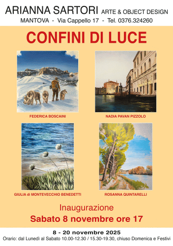 Locandina della mostra Confini di luce con dipinti di Federica Boscaini, Giulia di Montevecchio Benedetti, Nadia Pavan Pizzolo, Rosanna Quintarelli.