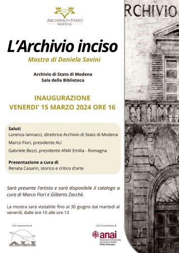 Locandina della mostra L'Archivio Inciso con opere di Daniela Savini
