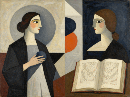 Composizione mista astratta-geometrica e futurista ispirata a Dante Alighieri e alla Divina Commedia ideata da Ninni Radicini e realizzata con il supporto di un programma di Intelligenza Artificale