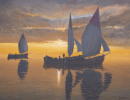 Dipinto olio su tela di cm.35x45 realizzato da Fabio Colussi nel 2019 denominato Vele al tramonto