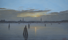 Dipinto a olio su tela di cm 30x50 realizzato da Fabio Colussi nel 2018 denominato Luci in Laguna