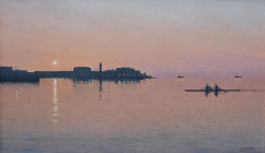 Dipinto di Fabio Colussi denominato Marina al tramonto realizzato nel 2018 in olio su tela di cm.30x50