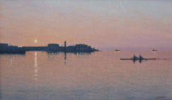 Dipinto di Fabio Colussi denominato Marina al Tramonto realizzato nel 2018 in olio su tela di cm.30x50