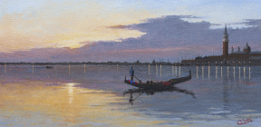 Dipinto a olio su cartone telato di cm 20x40 denominato Tramonto a San Giorgio realizzato da Fabio Colussi nel 2021