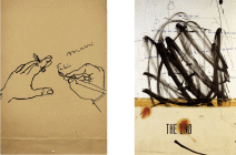 Collage, inchiostro, lettere trasferibili e olio su carta di 32x23 cm denominato The End realizzato da Fabio Mauri nel 1959