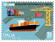 Francobollo dedicato al Porto Franco di Trieste in occasione del 300esimo anniversario con rappresentata una nave cargo con un disegno della veduta dall'alto del porto e una gru