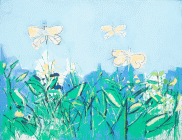 Dipinto a tempera su tavola di cm 130x170 denominato Volo libero realizzato da Giorgio Celiberti nel 2000