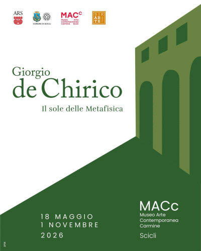 Locandina della mostra Il sole della Metafisica con opere realizzate da Giorgio de Chirico