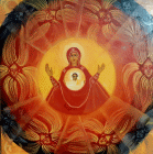 Opera in abete, bisso di lino, alabastro, tempera all'uovo, bolo rosso armeno di cm. 40x40 denominata Madre di Dio fra troni, cherubini e serafini realizzata da Carolina Franza nel 2025