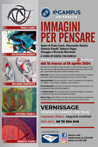 Locandina della mostra Immagini per pensare con opere di Paolo Camiz, Alessandra Diodati, Riccardo Marchetti, Stefania Panelli, Roberta Pugno.