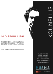 Locandina della mostra di Jannis Kounellis al Museo della Scultura Contemporanea di Matera con una parte bianca e una nera in verticale e il volto dell'autore tra le due parti